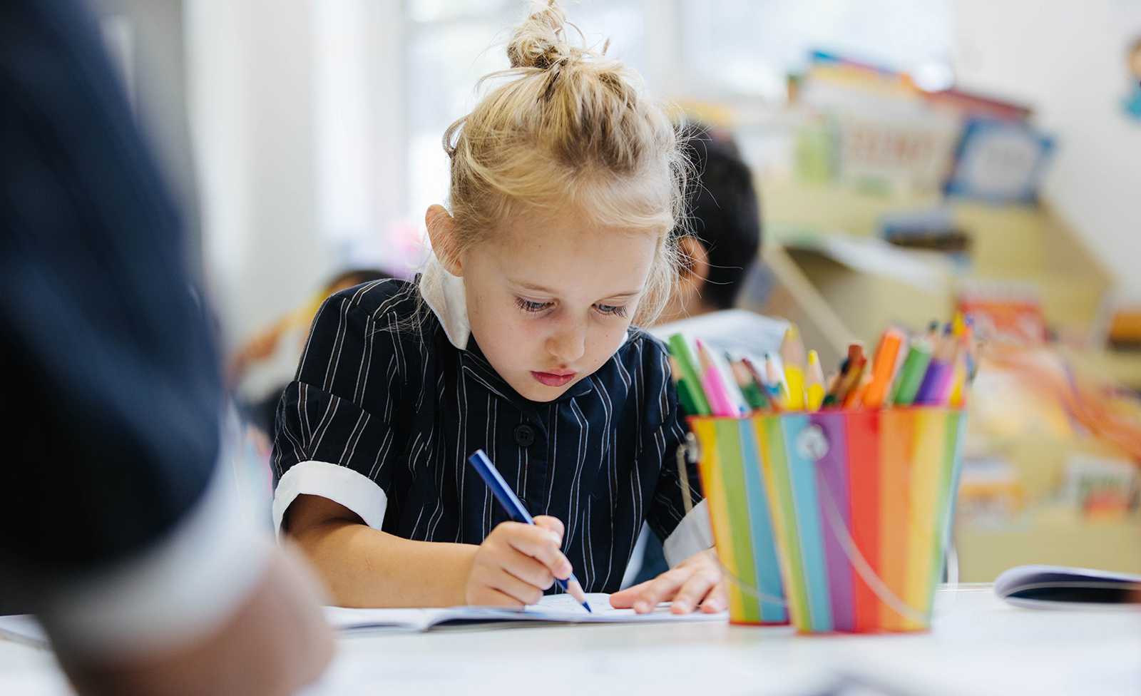 A focused, young, female school student working diligently at desk with coloured pencils